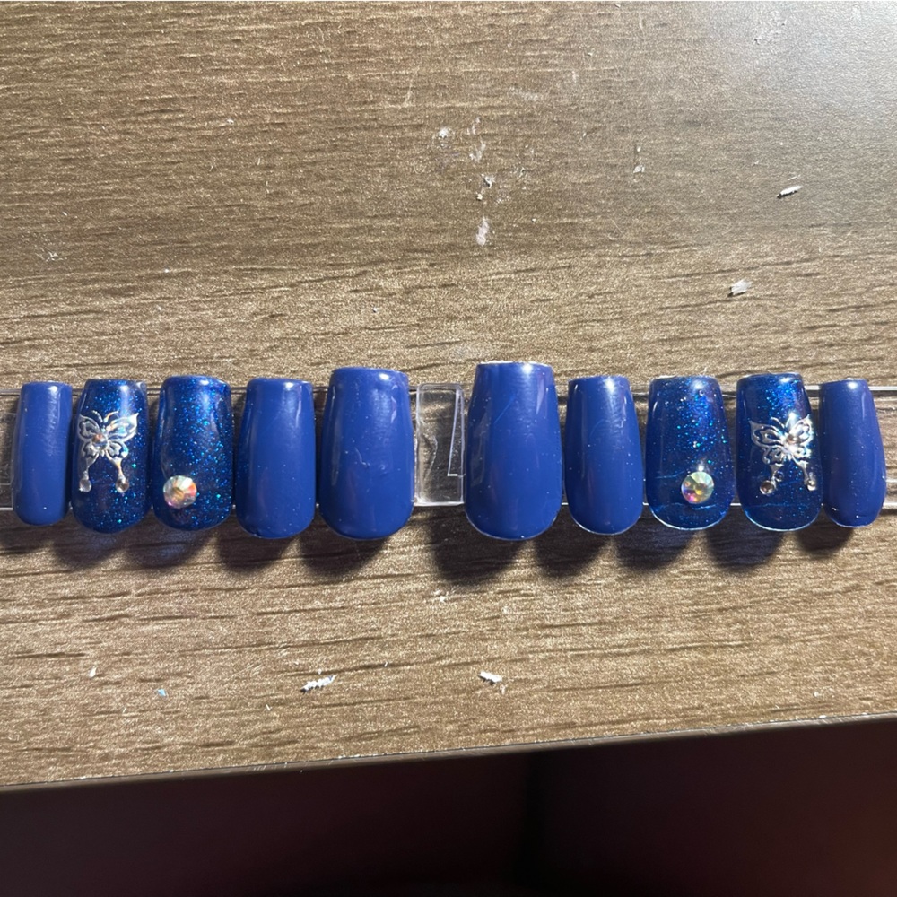 Blue butterfly Nails with Rhinestones